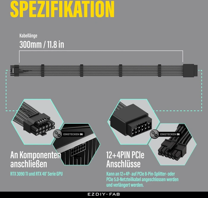 EZDIY-FAB 12VHPWR Kabel, 16-Pin PCIe Verlängerungskabel, 16-Pin PCIe 5.0 12VHPWR Buchse auf 16-Pin PCIe 5.0 12VHPWR Stecker, 16AWG, grau, 30cm