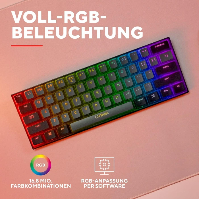 Trust Gaming GXT 1873 Revyn 60% Mini Wireless, grau/schwarz, LEDs RGB, Outemu Red, USB/Bluetooth, DE