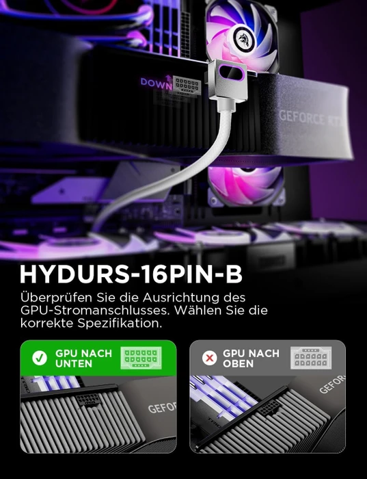 AsiaHorse Hydrus 12VHPWR, 12VHPWR Kabel, 1x 16-Pin PCIe 5.0 Stecker auf 16-Pin PCIe 5.0 Stecker, 90° gewinkelt, Typ B, Clip oben, RGB beleuchtet, weiß, 50cm