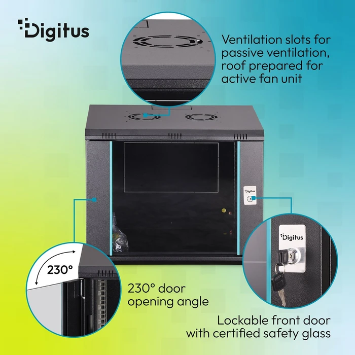 Digitus Dynamic-N Serie 19" Wandgehäuse 9HE, unmontiert, Sicherheitsglastür, IP2X, RAL 9005, 600mm tief
