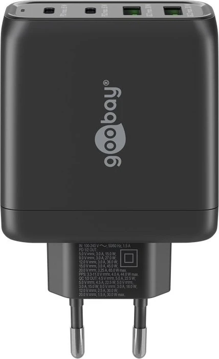 goobay 4-Port GaN Netzteil, USB-C/USB-A, 2x USB-C + 2x USB-A, 68W, schwarz