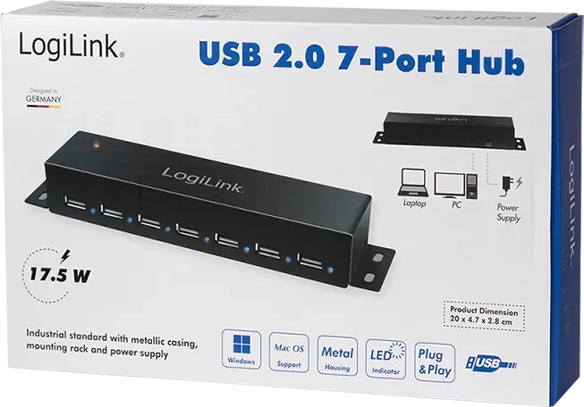 LogiLink Wallmount USB-Hub, 7x USB-A 2.0, USB Mini-B 2.0 [Buchse]