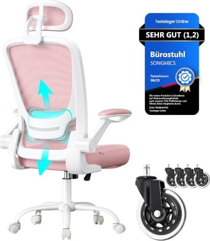 Songmics Bürostuhl mit Netzbezug und Kopfstütze, rosa