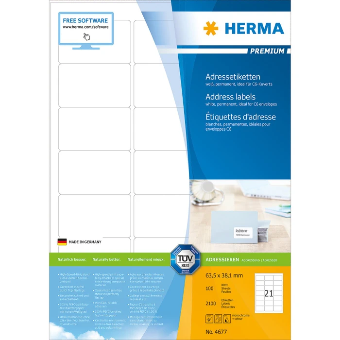 Herma Etiketten Premium, 63.5x38.1mm, weiß, matt, 100 Blatt (2100 Etiketten)