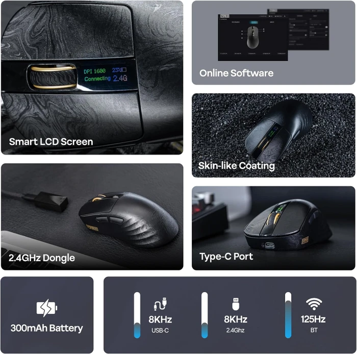 Epomaker Carbonis 8KHz Wireless Gaming Mouse, Black Gold, USB/Bluetooth