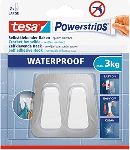 tesa Powerstrips Doppelhaken Metall/Kunststoff chrom/weiß, Klebehaken, 1 Stück