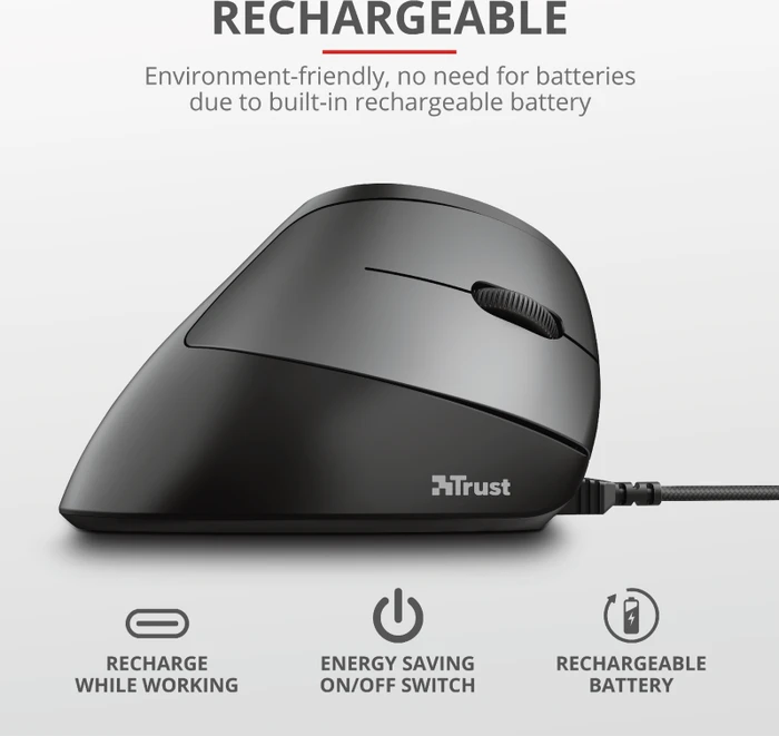 Trust Bayo Wireless Rechargeable Ergonomic Mouse, schwarz/grau, USB
