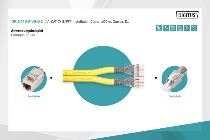 Digitus Professional Twisted-Pair Duplex Verlegekabel Dca, Cat7a, S/FTP, ohne Stecker, 100m, gelb
