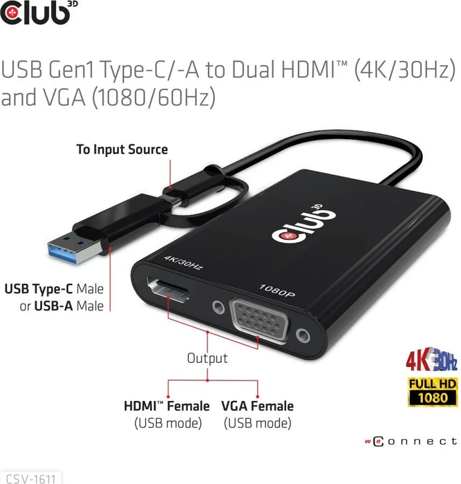 Club 3D USB-C/USB-A 3.0 [Stecker] auf HDMI 4K/30Hz [Buchse], VGA 1080/60Hz [Buchse], M/F Adapter