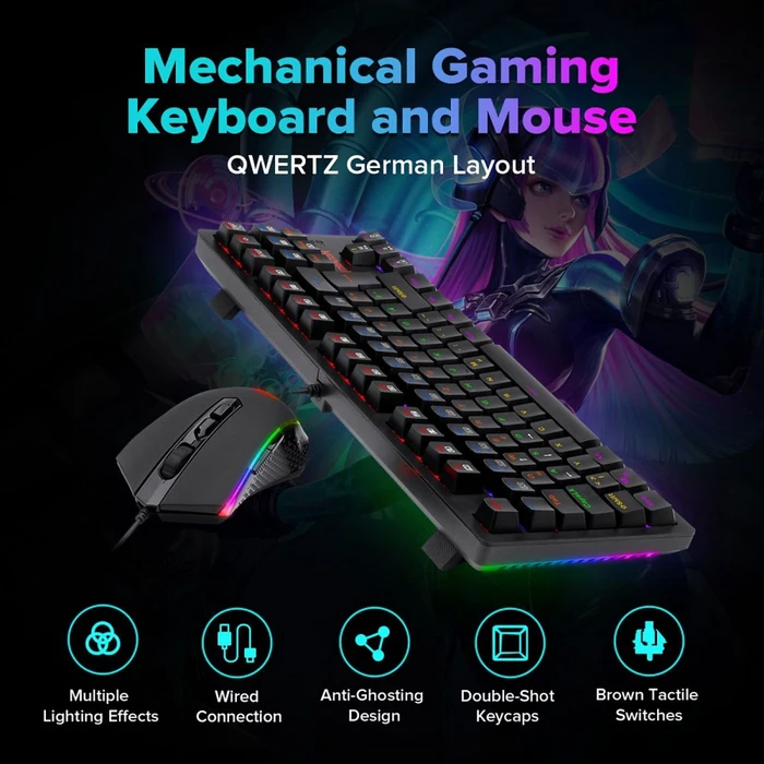 Redragon 2in1 Gamer Value Kit, Mechanical RGB Keyboard (Outemu Brown) + RGB Gaming Mouse, USB, DE