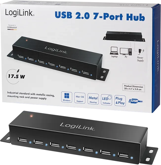 LogiLink Wallmount USB-Hub, 7x USB-A 2.0, USB Mini-B 2.0 [Buchse]