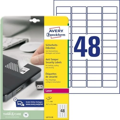 AVERY Zweckform 960 Sicherheitsetiketten L6113-20 weiß 45,7 x 21,2 mm
