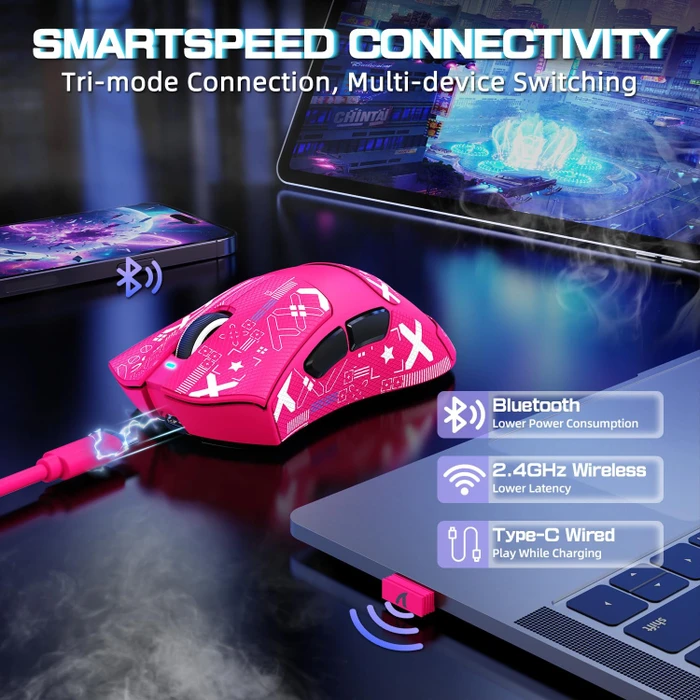 Attack Shark V3 PRO Tri-mode Wireless Gaming Mouse mit Ladestation, BerryRed, inkl. Grip Tape, USB/Bluetooth