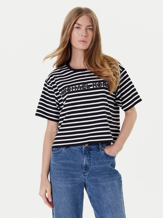 Michael Kors Stripes Crop T-Shirt kurzarm schwarz (Damen)