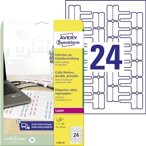 Avery-Zweckform Kabelbeschriftungsetiketten, 60x40mm, weiß, 20 Blatt (480 Etiketten)