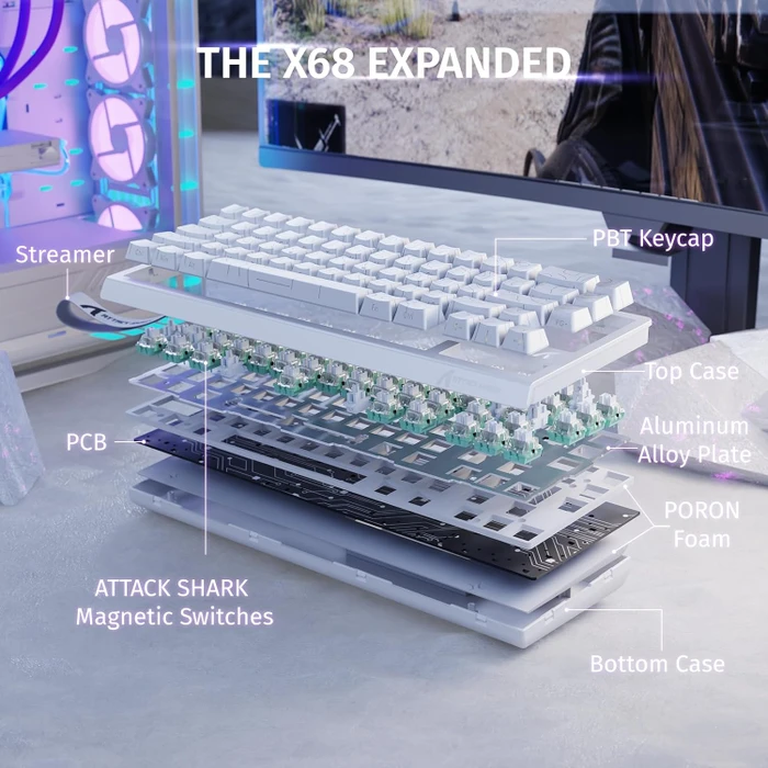 Attack Shark X68 HE Rapid Trigger Keyboard, weiß mit Kontur, LEDs RGB, Outemu White Jade Magnetic, USB, US