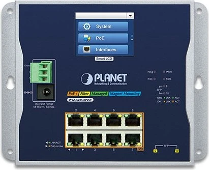 Planet WGS-5225-8P2SV Industrial Wallmount Gigabit Managed Switch, 8x RJ-45, 2x SFP, 240W PoE+