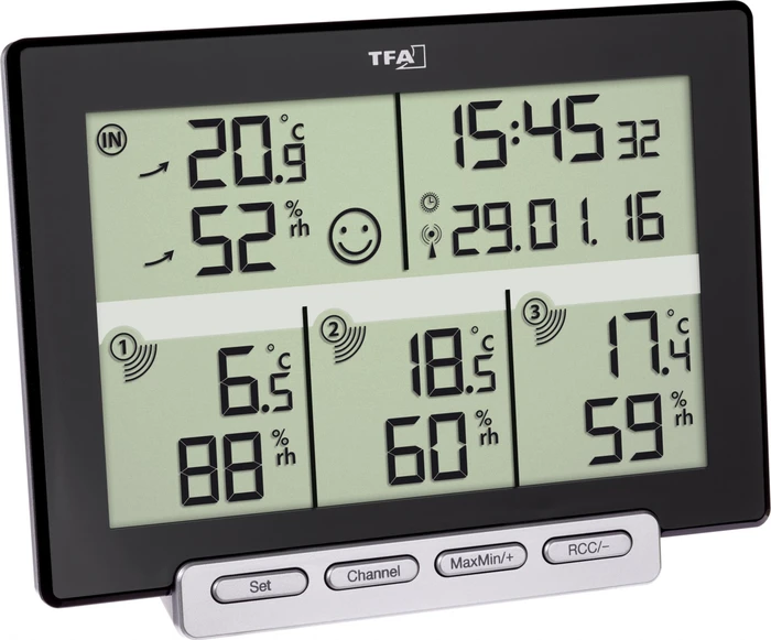 TFA Dostmann Multi Sens Funk-Thermo-Hygrometer mit 3 Sendern Funkwetterstation, digital