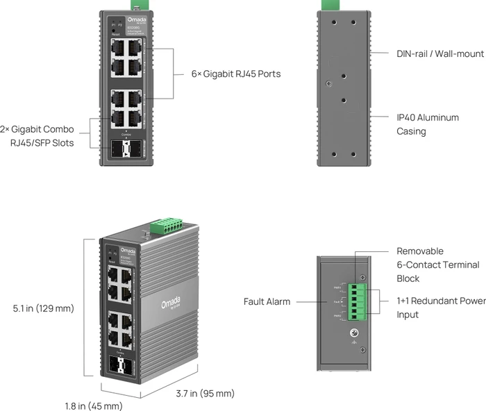 TP-Link Omada IES Industrial Railmount Gigabit Smart Switch, 6x RJ-45, 2x RJ-45/SFP