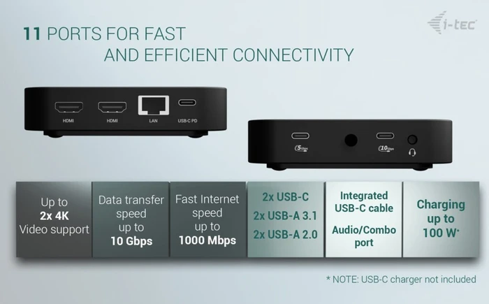 i-tec USB-C Dual HDMI Docking Station, USB PD 100W, USB-C 3.1 mit DisplayPort 1.4 [Stecker]