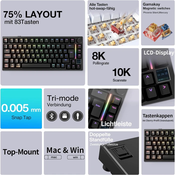 Gamakay TK75HE V2 Hall Effect, 75%, PBT, LEDs RGB, Magnetic Phoenix Silent, USB/Bluetooth, DE