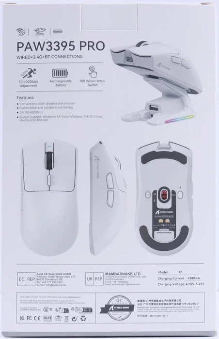 Attack Shark X1 Tri-mode Wireless Gaming Mouse mit Ladestation, weiß, USB/Bluetooth
