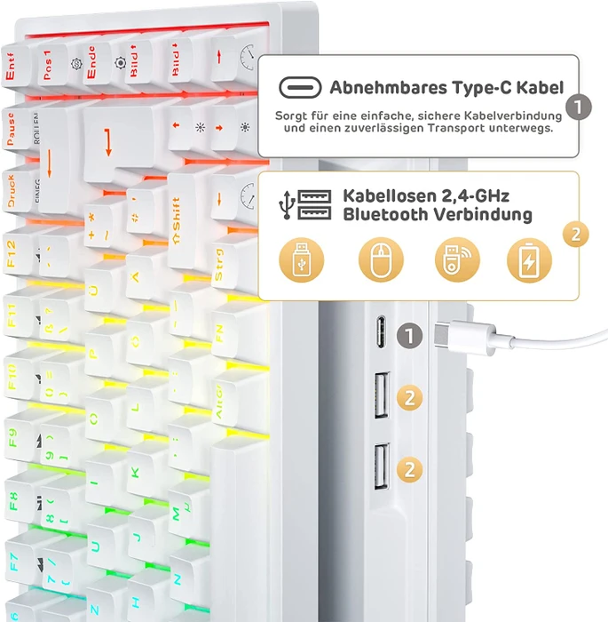 RK Royal Kludge RK84 75% Wireless, weiß, LEDs RGB, hot-swap, RK BROWN, USB/Bluetooth, DE