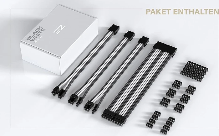 EZDIY-FAB Cable Extension Kit, 1x 24-Pin, 1x 4/8-Pin ATX, 2x 8-Pin PCIe, 18AWG, schwarz/weiß