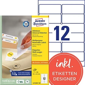 Avery-Zweckform Etiketten, 99.1x42.3mm, ablösbar, weiß, 100 Blatt (1200 Etiketten)
