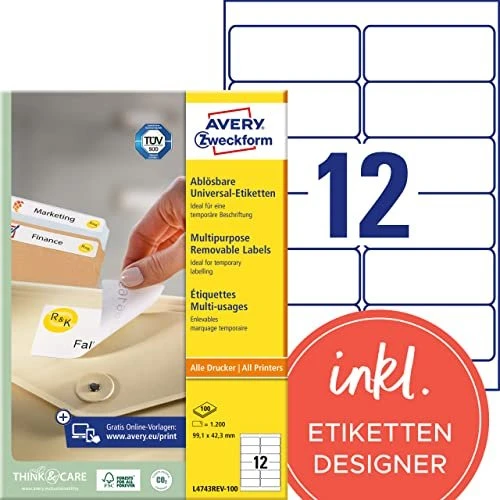 Avery-Zweckform Etiketten, 99.1x42.3mm, ablösbar, weiß, 100 Blatt (1200 Etiketten)