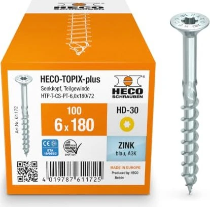 HECO TOPIX-plus verzinkt blau A3K Torx T30 Holzschraube, 6x180mm, 100 Stück