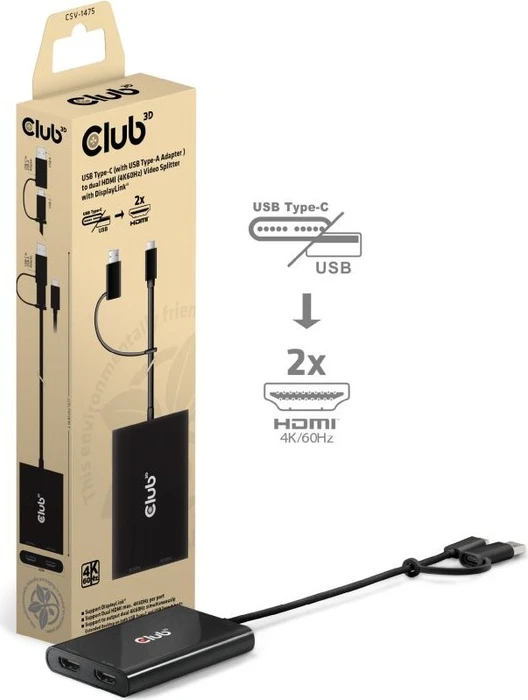 Club 3D USB-C auf dualen HDMI Videosplitter, USB-C 3.0 [Stecker], USB-A 3.0 [Stecker]