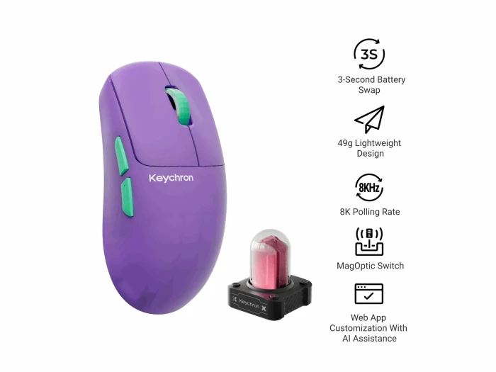 Keychron G6 HE 8K UltraLight Wireless Mouse, Frosted Lavender, USB/Bluetooth