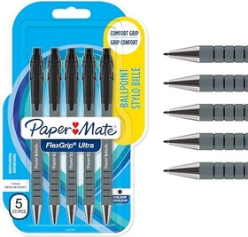 Paper Mate FlexGrip Ultra M Kugelschreiber (Mine) schwarz/silber, 5er-Pack, Blister