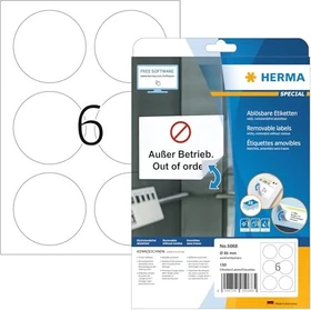 Herma Etiketten rund, 85mm, ablösbar, weiß, 25 Blatt (150 Etiketten)