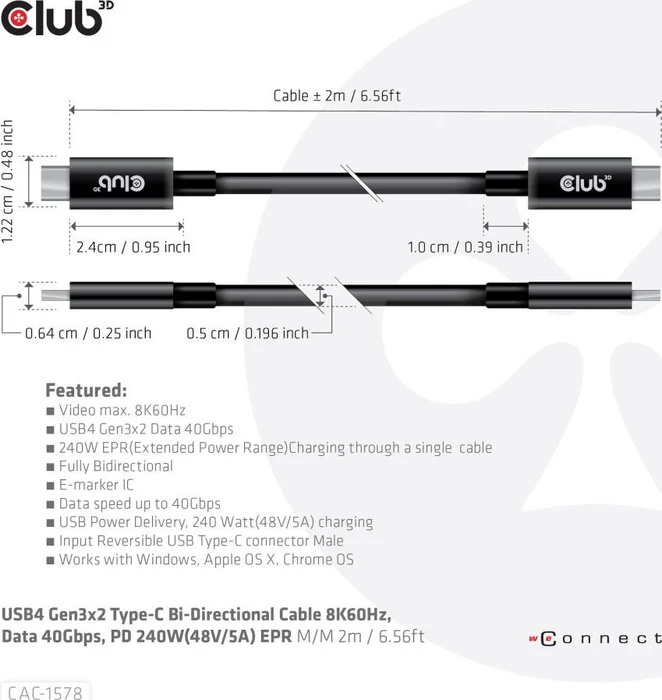 Club 3D USB4 Kabel, USB4 Gen3x2, 40Gb/s, 8K60Hz, 240W PD EPR, USB-C Stecker auf USB-C Stecker, 2m