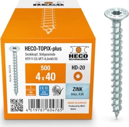 HECO TOPIX-plus verzinkt blau A3K Torx T20 Holzschraube, 4x40mm, 500 Stück