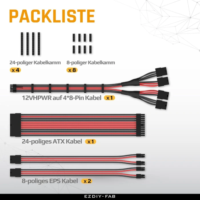 EZDIY-FAB 12VHPWR Cable Kit, 1x 24-Pin, 2x 4/8-Pin ATX, 1x 12VHPWR/4x 8-Pin PCIe, 16AWG, schwarz/rot