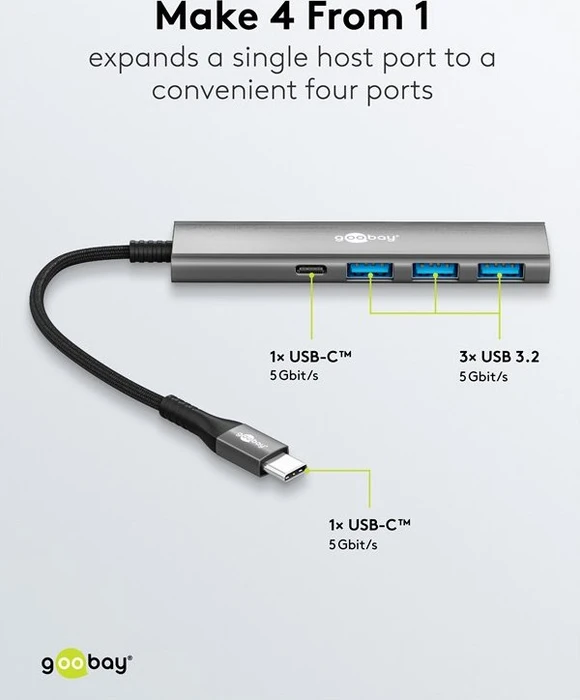 Wentronic goobay Slim 4-Port USB-Hub, 1x USB-C 3.0/3x USB-A 3.0, USB-C 3.0 [Stecker]