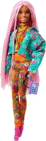 Mattel Barbie - Extra mit pinken Flechtzöpfen in Floral bedruckter Jacke DJ Haustier-Maus