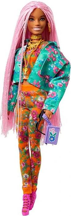 Mattel Barbie - Extra mit pinken Flechtzöpfen in Floral bedruckter Jacke DJ Haustier-Maus