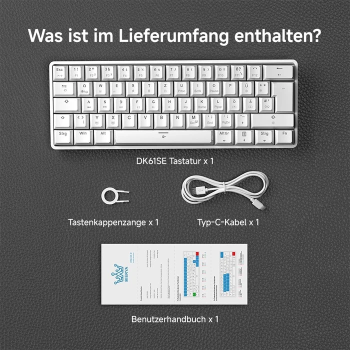 Dierya DK61SE, 60%, weiß, LEDs blau, BLUE Switches, USB, DE