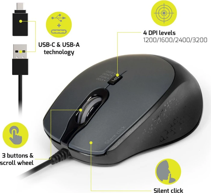 Port Designs Wired Silent Pro Mouse schwarz, USB