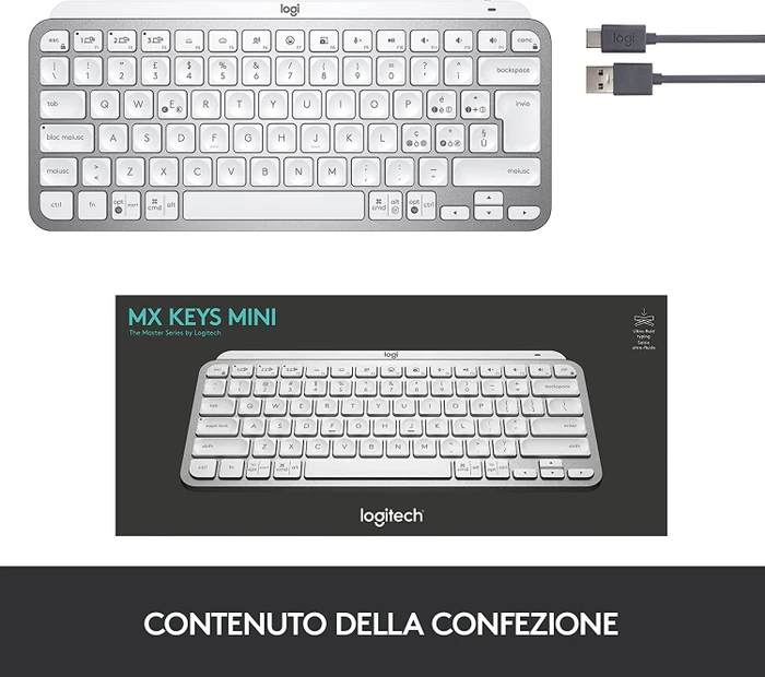 Logitech MX Keys Mini, LEDs weiß, Logi Bolt, Pale Gray, weiß/grau, USB/Bluetooth, IT