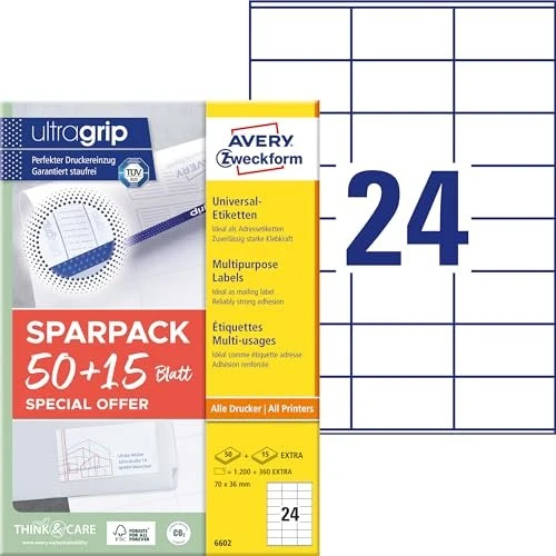 Avery-Zweckform Etiketten Universal, 70x36mm, weiß, 65 Blatt (1560 Etiketten)