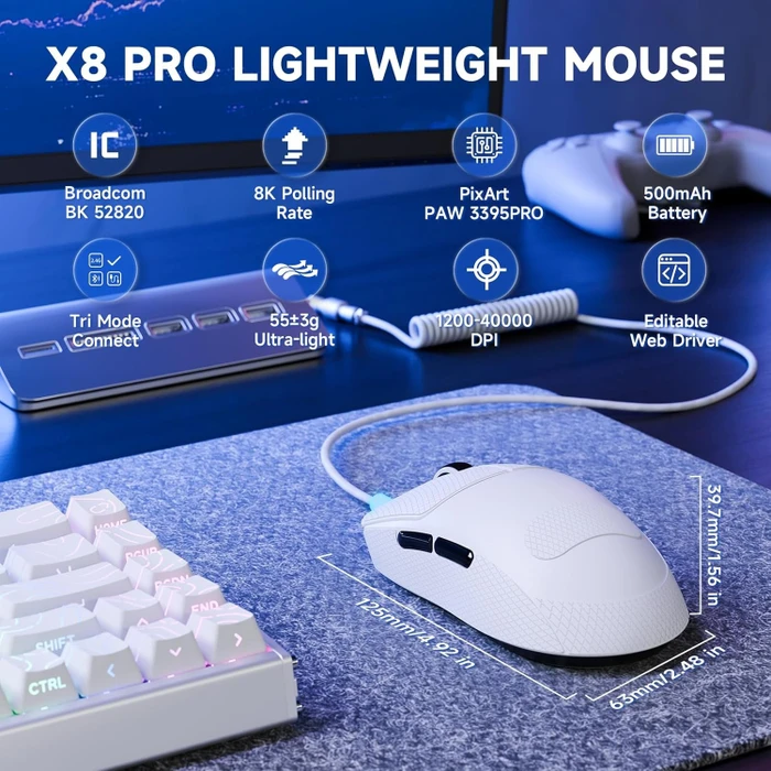 Attack Shark X8 Pro Tri-mode Wireless Gaming Mouse, weiß, inkl. Grip Tape, USB/Bluetooth