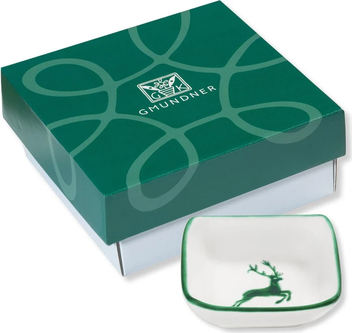 Gmundner Keramik Grüner Hirsch Schälchen quadratisch im Geschenkkarton 9x9cm
