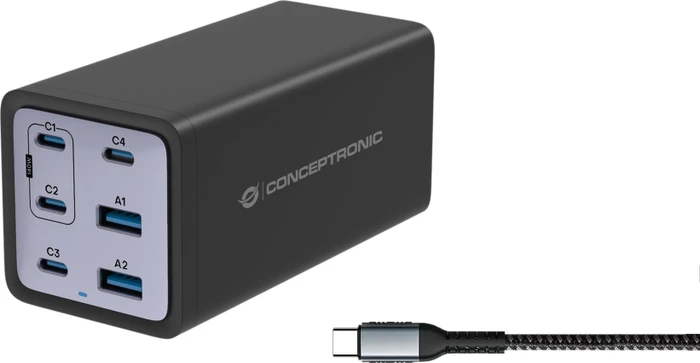 Conceptronic USB GaN Ladegerät, 4x USB-C + 2x USB-A, 200W schwarz