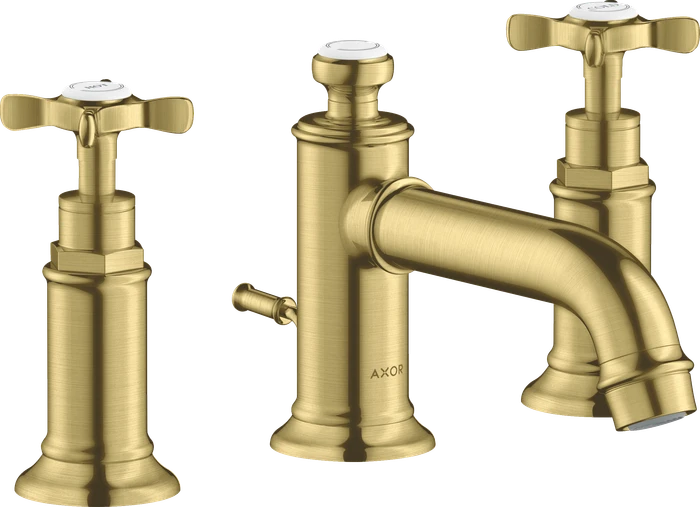 Hansgrohe Axor Montreux 3-Loch Waschtischarmatur 30 mit Kreuzgriffen und Zugstangen-Ablaufgarnitur brushed brass