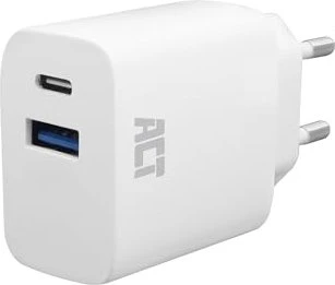 ACT USB-C & USB-A Charger 20W with Power Delivery PPS Quick Charge GaNFast weiß